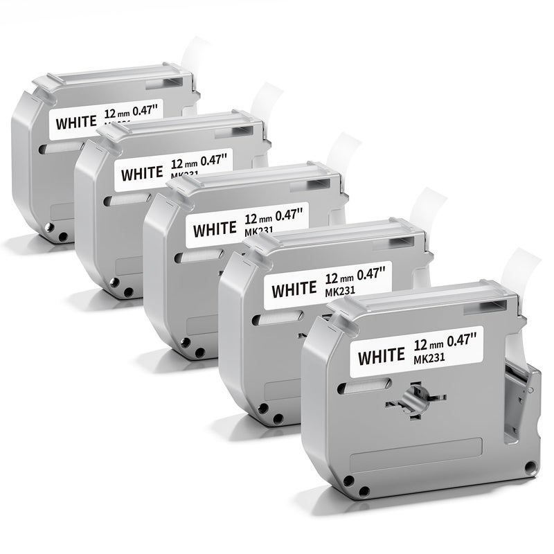 GreaTeam M-K231 Label Tape Replacement for M-K231s Brother Label Tape 12mm 0.47 White P Touch M Tape M231 MK231 MK-231 M-231 Refills, Compatible with Brother PT-M95 PT-90 PT-85 PT-70 PT-65 PT-60 PT-45, 5-Pack - Image 1